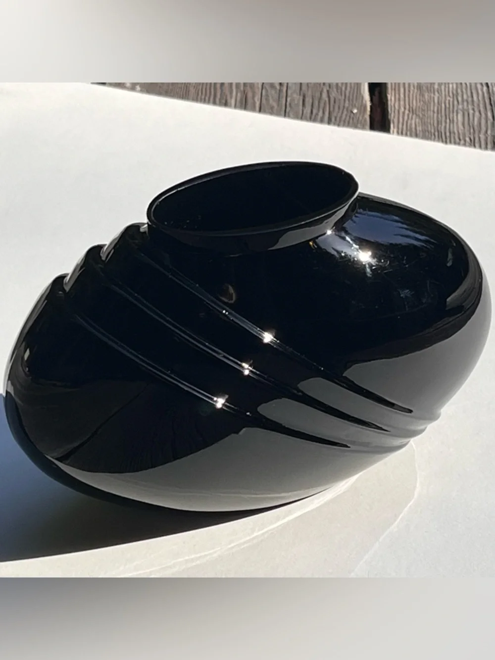 Vintage Blown Glass Vase Art Deco Pleated Oval Decor Black Lightweight 80s Small